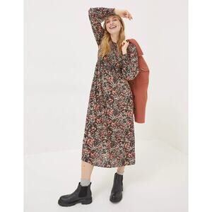 Fat Face Fern Shirred Black Floral Print Size 14 Long Sleeve Viscose Midi Dress